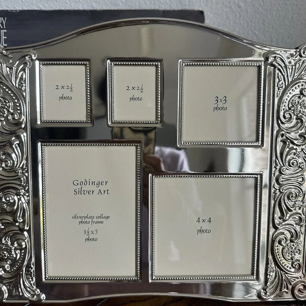 Godinger  5 Picture Collage Photo Frame 11x9.5 Inch Baroque Silver Plated NOS
